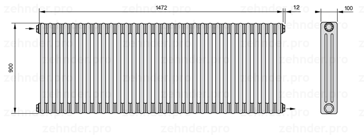 Схема (чертеж) Радиатор Zehnder Charleston 3090/32 №1670 Белый глянцевый RAL 9016